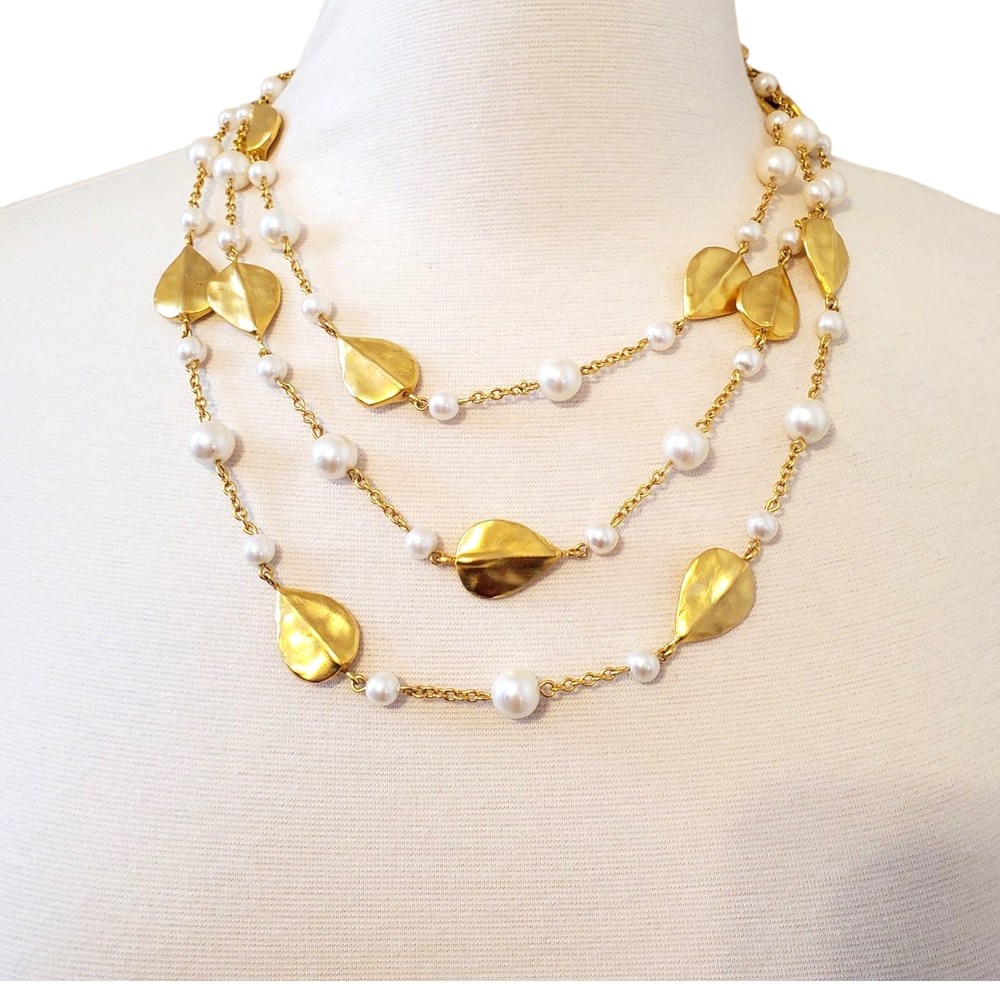 1980's Givenchy Brushed Gold and Pearl Multi Strand Leaf Designer Necklace